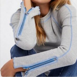 Free People Zip to It Thermal Henley Gray&Blue Top